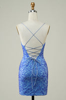 Load image into Gallery viewer, Blue Sheath Spaghetti Straps Short Homecoming Dress with Sequins