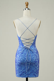Blue Sheath Spaghetti Straps Short Homecoming Dress with Sequins