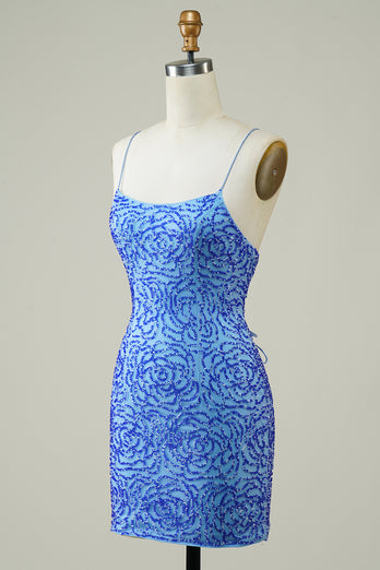 Blue Sheath Spaghetti Straps Short Homecoming Dress with Sequins