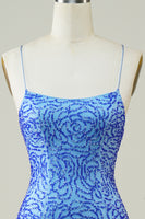 Load image into Gallery viewer, Blue Sheath Spaghetti Straps Short Homecoming Dress with Sequins