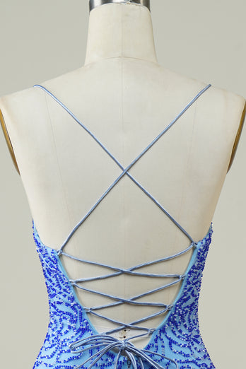 Blue Sheath Spaghetti Straps Short Homecoming Dress with Sequins