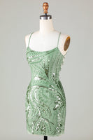 Load image into Gallery viewer, Sparkly Sheath Spaghetti Straps Green Short Homecoming Dress with Criss Cross Back