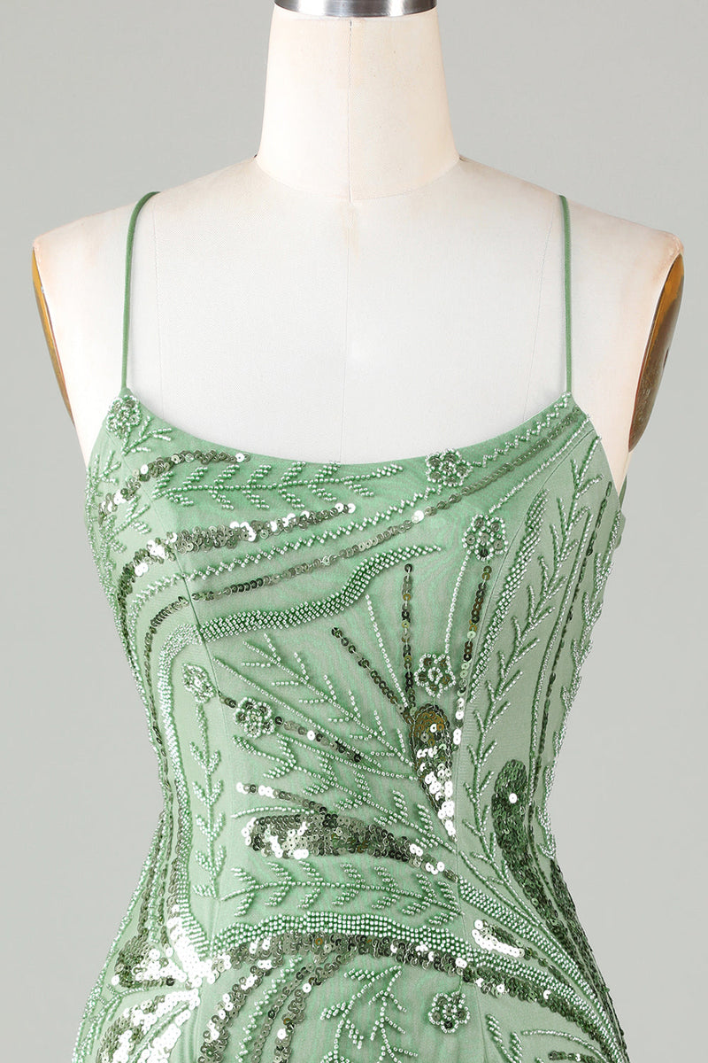 Load image into Gallery viewer, Sparkly Sheath Spaghetti Straps Green Short Homecoming Dress with Criss Cross Back