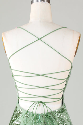 Sparkly Sheath Spaghetti Straps Green Short Homecoming Dress with Criss Cross Back