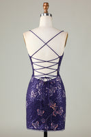 Load image into Gallery viewer, Sparkly Dark Purple Beaded Sequins Tight Short Homecoming Dress With Butterflies