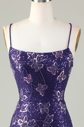 Sparkly Dark Purple Beaded Sequins Tight Short Homecoming Dress With Butterflies