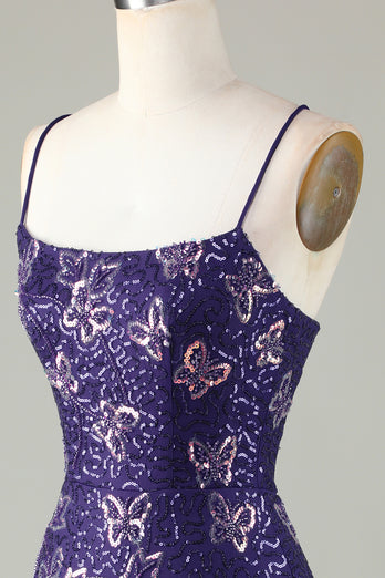 Sparkly Dark Purple Beaded Sequins Tight Short Homecoming Dress With Butterflies