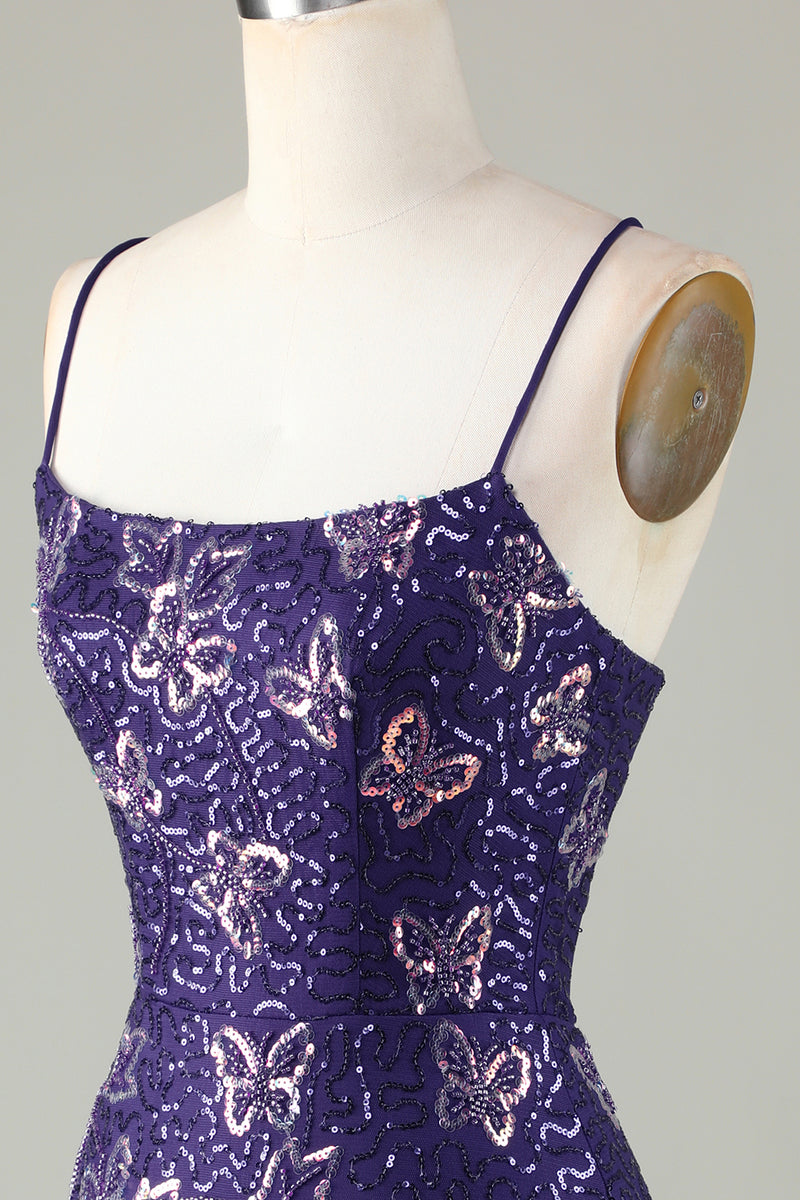 Load image into Gallery viewer, Sparkly Dark Purple Beaded Sequins Tight Short Homecoming Dress With Butterflies