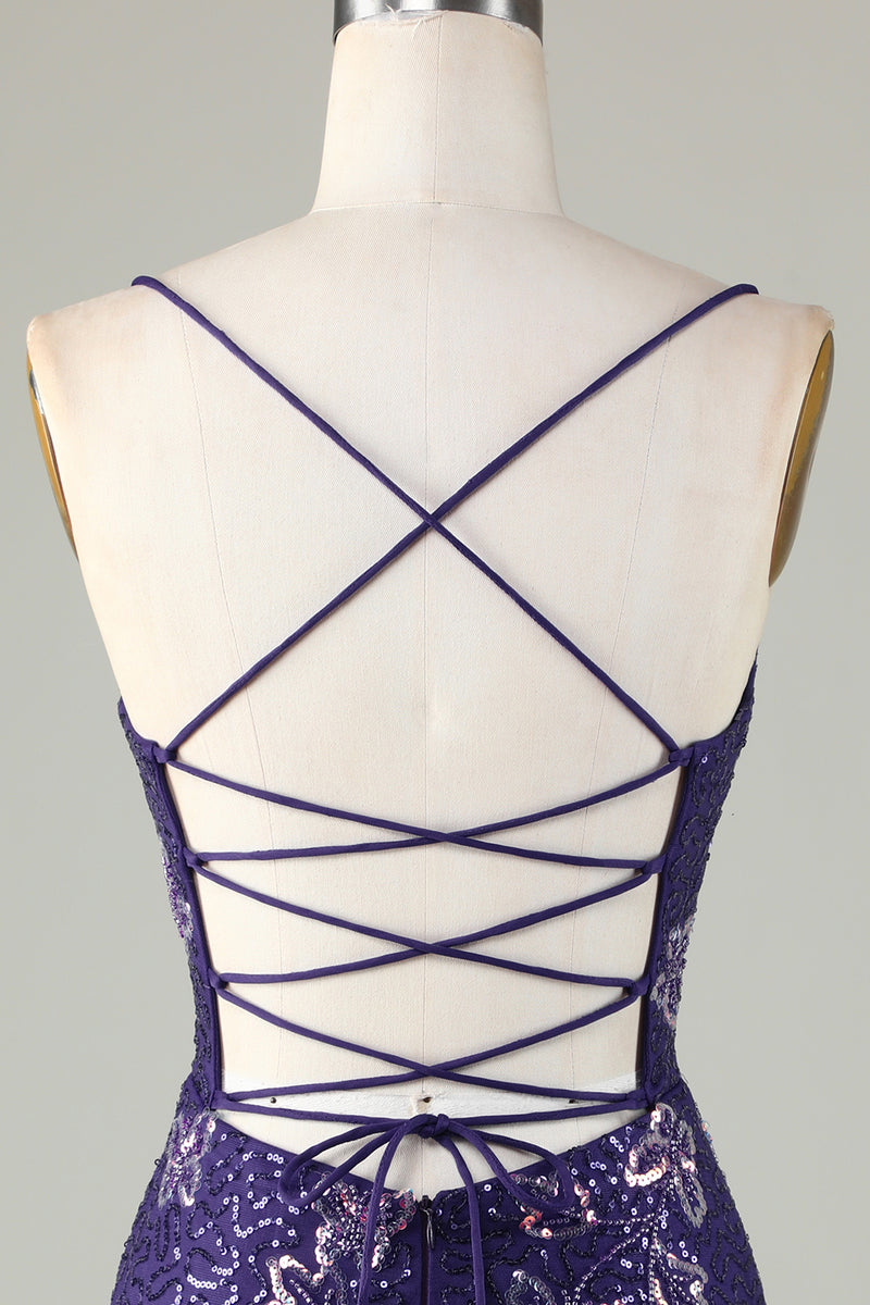 Load image into Gallery viewer, Sparkly Dark Purple Beaded Sequins Tight Short Homecoming Dress With Butterflies