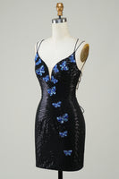 Load image into Gallery viewer, Black Spaghetti Straps Tight Short Homecoming Dress with Sequins