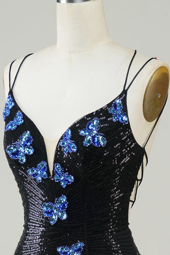 Black Spaghetti Straps Tight Short Homecoming Dress with Sequins
