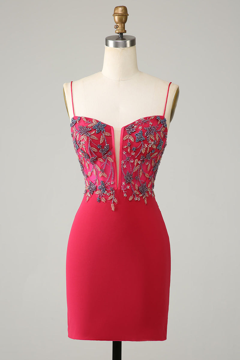 Load image into Gallery viewer, Sheath Spaghetti Straps Lilac Short Homecoming Dress with Beading