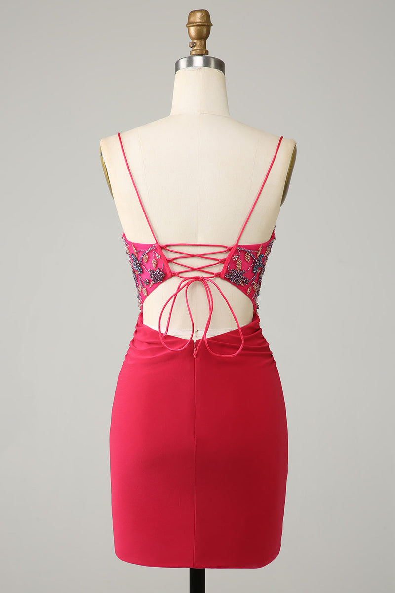 Load image into Gallery viewer, Sheath Spaghetti Straps Lilac Short Homecoming Dress with Beading