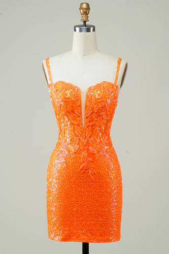 Tight Spaghetti Straps Orange Corset Homecoming Dress with Sequins