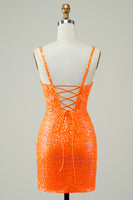 Load image into Gallery viewer, Tight Spaghetti Straps Orange Corset Homecoming Dress with Sequins