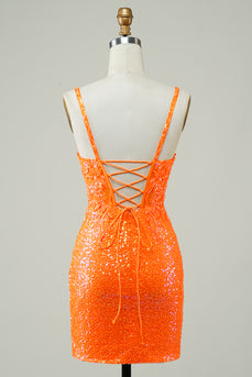 Tight Spaghetti Straps Orange Corset Homecoming Dress with Sequins