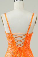 Load image into Gallery viewer, Tight Spaghetti Straps Orange Corset Homecoming Dress with Sequins