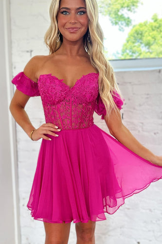 Gorgeous A Line Sweetheart Fuchsia Corset Homecoming Dress with Ruffles