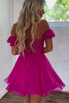 Gorgeous A Line Off The Schoulder Fuchsia Corset Homecoming Dress with Ruffles