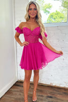 Load image into Gallery viewer, Gorgeous A Line Off The Schoulder Fuchsia Corset Homecoming Dress with Ruffles