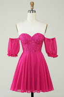 Load image into Gallery viewer, Gorgeous A Line Off The Schoulder Fuchsia Corset Homecoming Dress with Ruffles