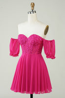 Load image into Gallery viewer, Gorgeous A Line Off The Schoulder Fuchsia Corset Homecoming Dress with Ruffles