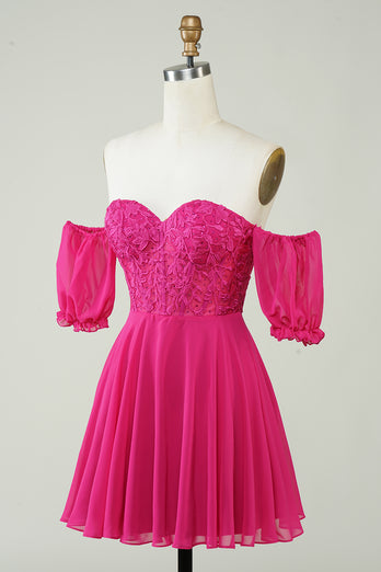Gorgeous A Line Off The Schoulder Fuchsia Corset Homecoming Dress with Ruffles