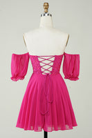 Load image into Gallery viewer, Gorgeous A Line Off The Schoulder Fuchsia Corset Homecoming Dress with Ruffles