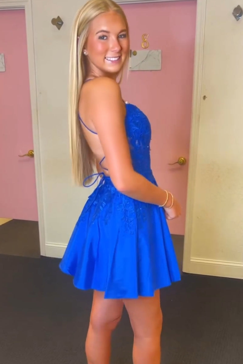 Load image into Gallery viewer, A-Line Royal Blue Spaghetti Straps Homecoming Dress with Appliques