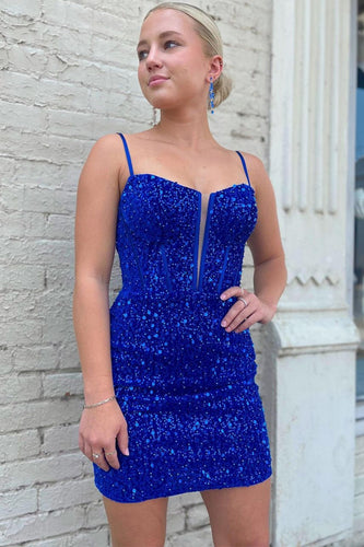 Bodycon Spaghetti Straps Royal Blue Sequins Short Homecoming Dress
