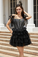 Load image into Gallery viewer, Queendancer Women Sparkly Baby Black A-line Short Homecoming Dresses with Feather Tiered Off Shoulder Cocktail Dress with Beading