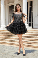 Load image into Gallery viewer, Sparkly Baby Black Feather Off the Shoulder Tiered Homecoming Dresses with Beading
