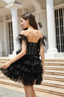 Load image into Gallery viewer, Sparkly Baby Black Feather Off the Shoulder Tiered Homecoming Dresses with Beading