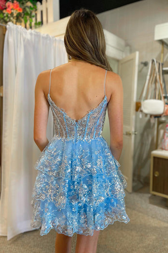 Sparkly Spaghetti Straps Sequins Blue Short Homecoming Dress