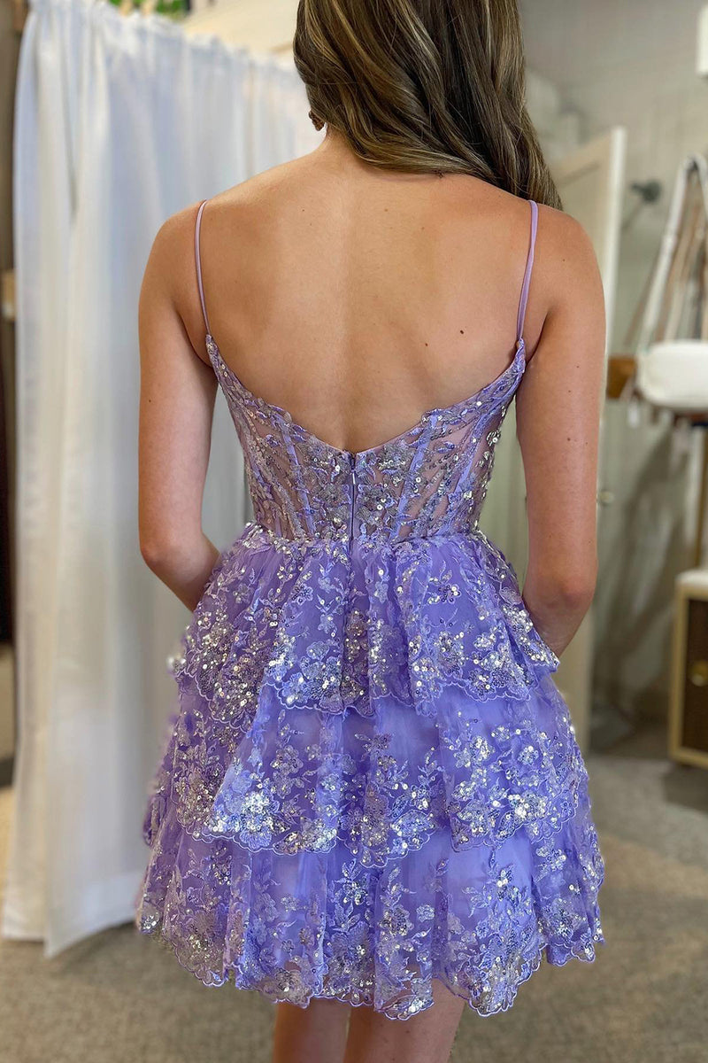 Load image into Gallery viewer, Sparkly Spaghetti Straps Sequins White Corset Short Homecoming Dress