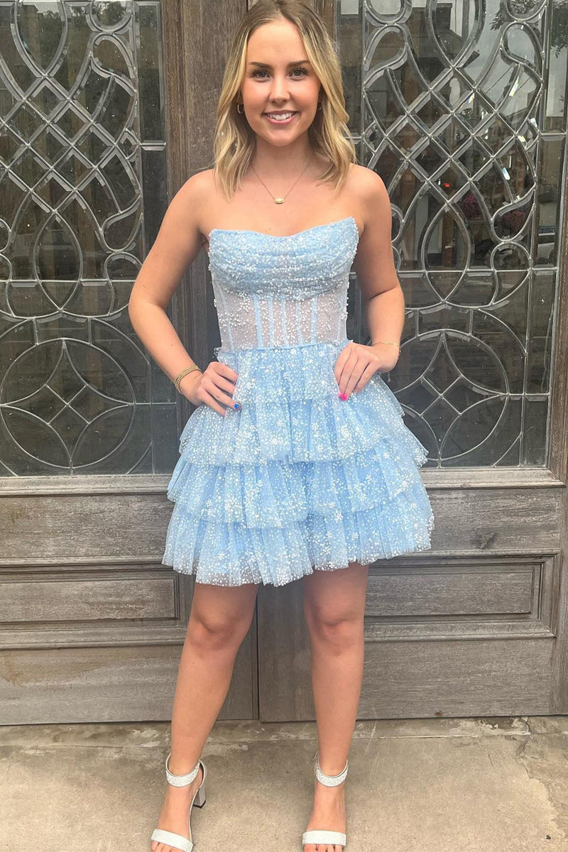 Load image into Gallery viewer, A Line Light Blue Sequins Corset Short Homecoming Dress
