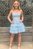 A Line Light Blue Sequins Corset Short Homecoming Dress