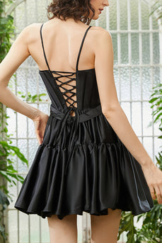 A-Line Spaghetti Straps Black Corset Short Homecoming Dress