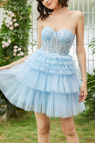 A-Line Sweetheart Blue Corset Tulle Short Homecoming Dress