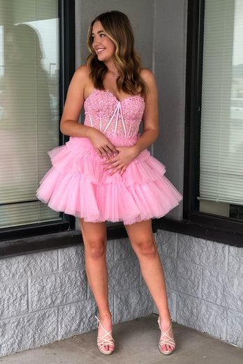 A-Line Sweetheart Pink Corset Short Homecoming Dress with Lace