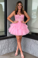 Load image into Gallery viewer, A-Line Sweetheart Pink Corset Short Homecoming Dress with Lace