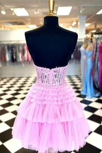 A-Line Sweetheart Pink Corset Short Homecoming Dress with Lace