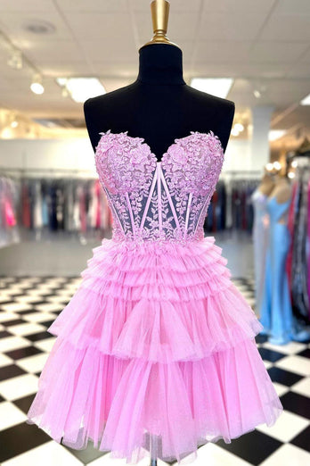A-Line Sweetheart Pink Corset Short Homecoming Dress with Lace