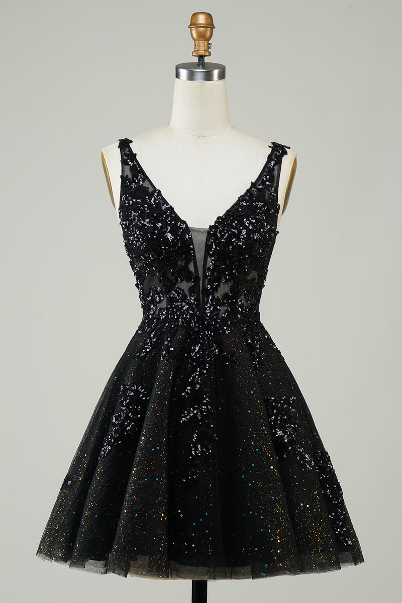 Load image into Gallery viewer, A Line Fuchsia V Neck Sequins Corset Short Homecoming Dress