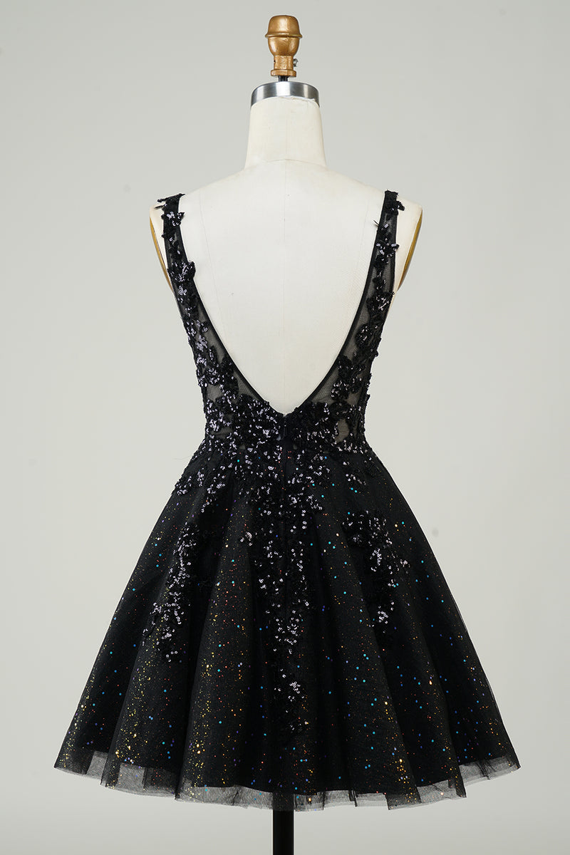 Load image into Gallery viewer, A Line Fuchsia V Neck Sequins Corset Short Homecoming Dress