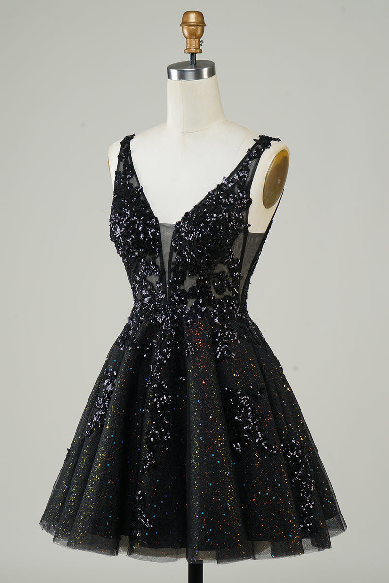 Load image into Gallery viewer, A Line Fuchsia V Neck Sequins Corset Short Homecoming Dress