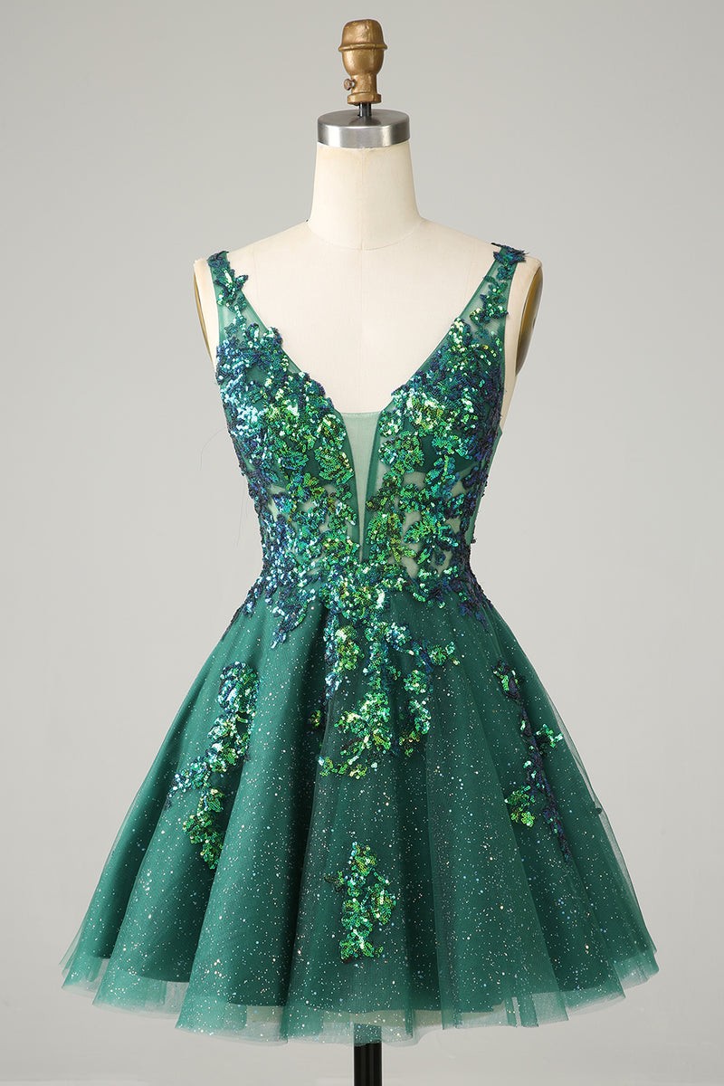 Load image into Gallery viewer, A Line Fuchsia V Neck Sequins Corset Short Homecoming Dress