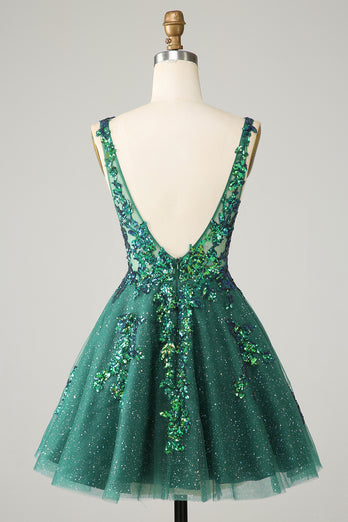 A Line Fuchsia V Neck Sequins Corset Short Homecoming Dress