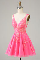 Load image into Gallery viewer, A Line Fuchsia V Neck Sequins Corset Short Homecoming Dress