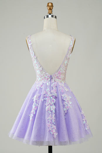 A Line V Neck Sequins Corset Short Lilac Homecoming Dress